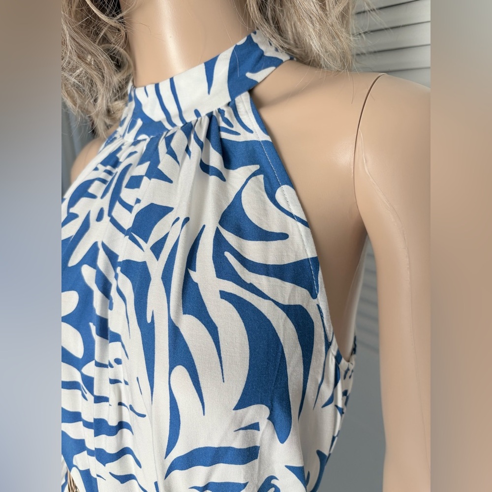 NWT MSK Blue & White Floral Maxi Dress slits on each side, ties on the neck Sz S - Picture 4 of 11